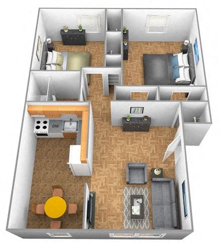 Floor plan for 2 beds, 1 bath, 894 sqft